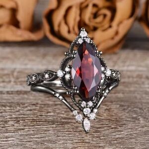 2x  gothic Black silver and Red Gemstone Ring
